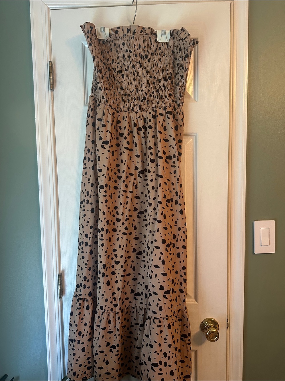 Smocked Strapless Maxi Dress - Tan with Black Spot Print